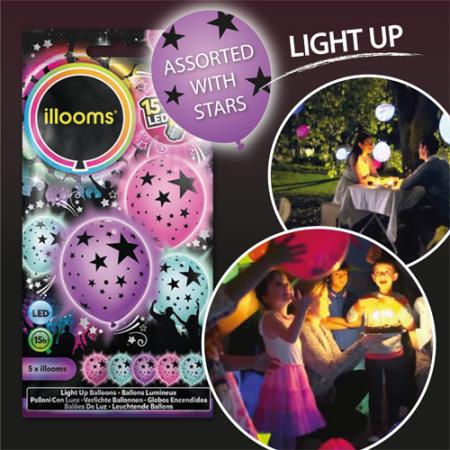 5 LED Ballone ass. STAR pink, türkis, violett mit Sternenmuster 15 Stunden LED Licht