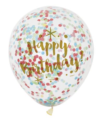 6 Ballone  Confetti 30 cm Happy Birthday mit Farben Confetti