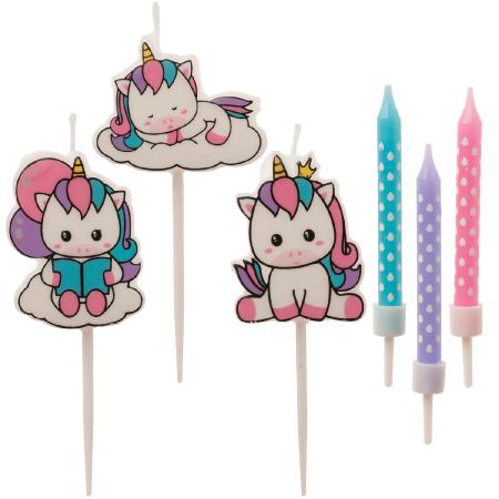 6  candle Unicorn Pick  - 3 x 3,5 cm + 3 x 6,5 cm