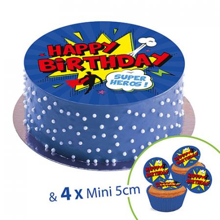 Sugar discs, 20 cm, Happy Birthday HERO+ 4 mini disc 5cm