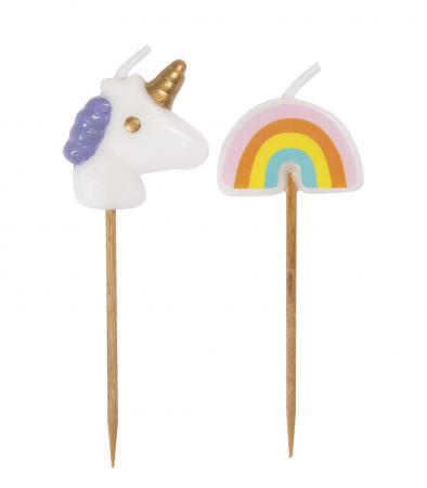 6 Unicorn and Rainbow Pick candles, 3 x 3 cm