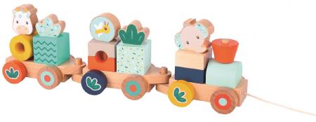 Pulling toy, build Train elefant and Giraffe, in wood FSC, 36 x 6,7 x 12 cm