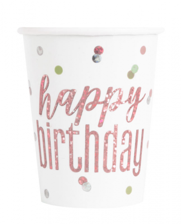 8 paper cup, Rose Gold with glitter happy birthday, 250 ml
