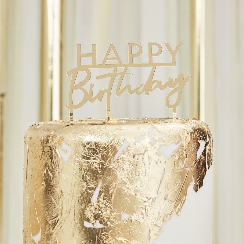 GOLD ACRYLIC HAPPY BIRTHDAY CAKE TOPPER  12 x 10 cm