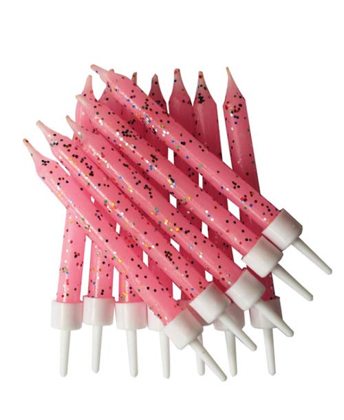 12 Kerzen Glitter rosa, 7,5 cm  mit Unterstützung
