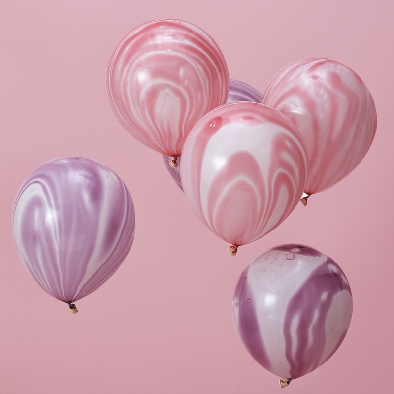 10 ballons effet marbre, rose et violet