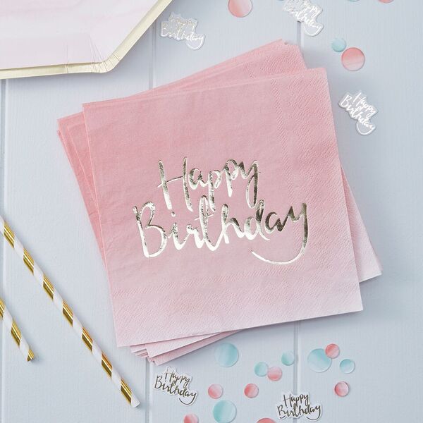 20 Papierservietten Happy birthday 33x33cm, rosa und Gold