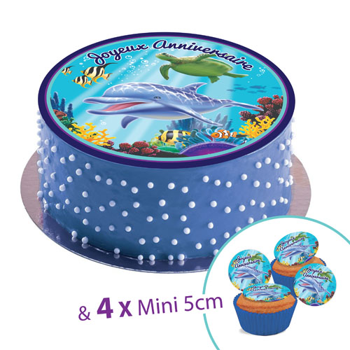 Disque en sucre OCEAN, 20cm JA + 4 mini disque 5cm à Cupcake ou déco