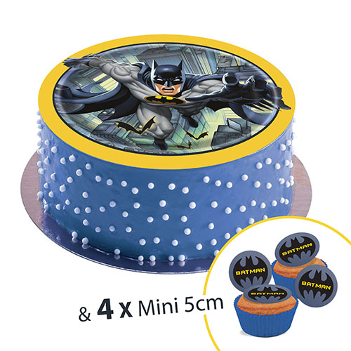 Disque en sucre Batman, 20cm + 4 mini disque 5cm à Cupcake ou déco