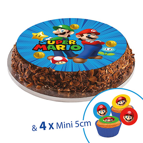 Sugar discs, 20 cm, SUPER MARIO+ 4 mini disc 5cm for cupcake or deco