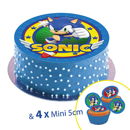 Disque en sucre SONIC, 20cm + 4 mini disque 5cm à Cupcake ou déco