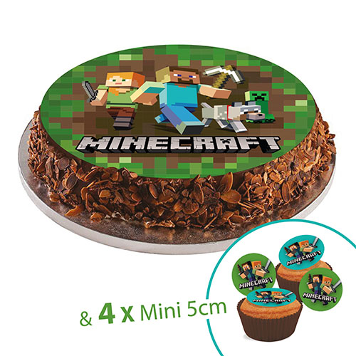 Disque en sucre Minecraft, 20cm + 4 mini disque 5cm à Cupcake ou déco