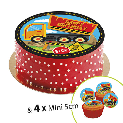 Sugar discs, 20 cm, Construction + 4 mini disc 5cm for cupcake or deco