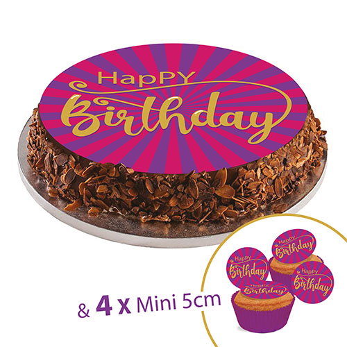 Disque en sucre Happy Birthday FUSHIA, 20cm + 4 mini disque 5cm