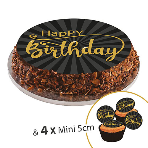 Disque en sucre Happy Birthday black and gold, 20cm + 4 mini disque 5cm