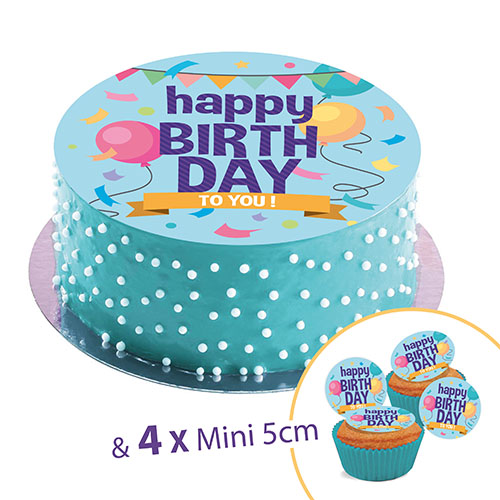 Sugar discs, 20 cm, Happy Birthday FIESTA+ 4 mini disc 5cm