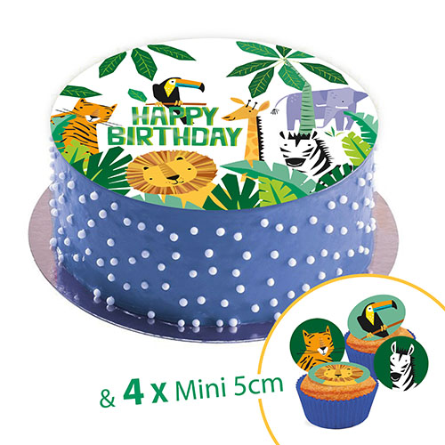 Disque en sucre Happy Birthday Safari, 20cm + 4 mini disque 5cm