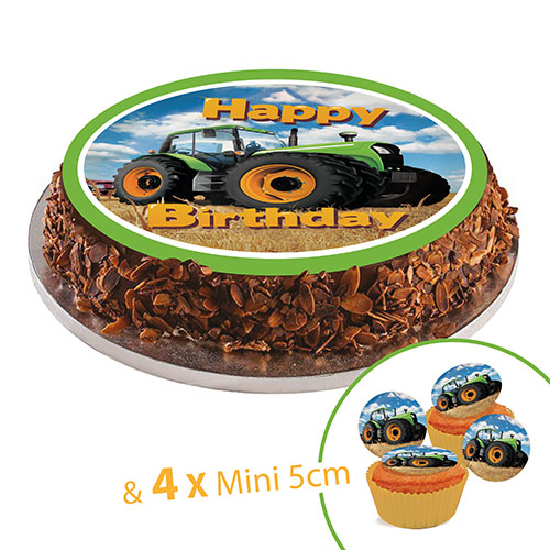Sugar discs, 20 cm, Tractor + 4 mini disc 5cm for cupcake or deco
