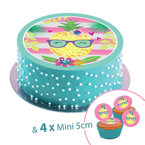 Disque en sucre Pinapple and Friends, 20cm + 4 mini disque 5cm à Cupcake ou déco