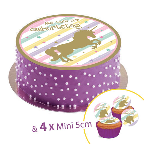 Sugar discs, 20 cm, Unicorn + 4 mini disc 5cm for cupcake or deco
