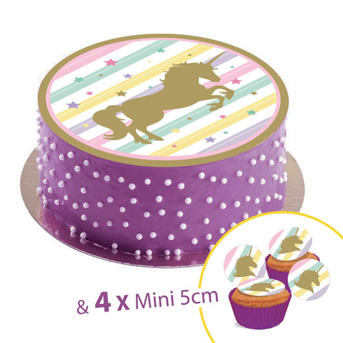 Sugar discs, 20 cm, Unicorn + 4 mini disc 5cm for cupcake or deco