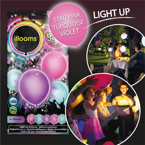 5 LED Ballone ass.  pink, türkis, violett  15 Stunden LED Licht