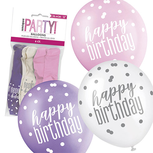 6 latex Balloon - 30 cm Happy Birthday pink Mix