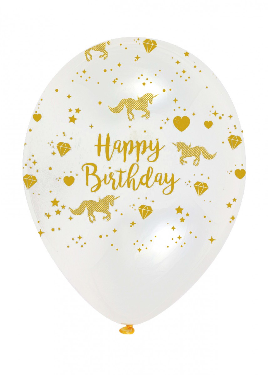 6 Latex Ballon 30 cm -  Unicorn, gold und weiss