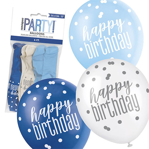 6 ballons en latex 30 cm, Happy Birthday Bleu Mix