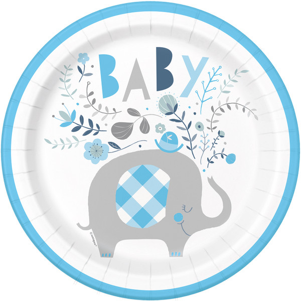 8 Assiettes 23 cm Baby Shower Floral Elephant, en carton - bleu