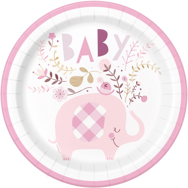 8 Plates 23 cm Baby Shower Floral Elephant, carton - pink