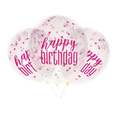 6 Ballone  Confetti 30 cm rosa Happy Birthday mit Confetti