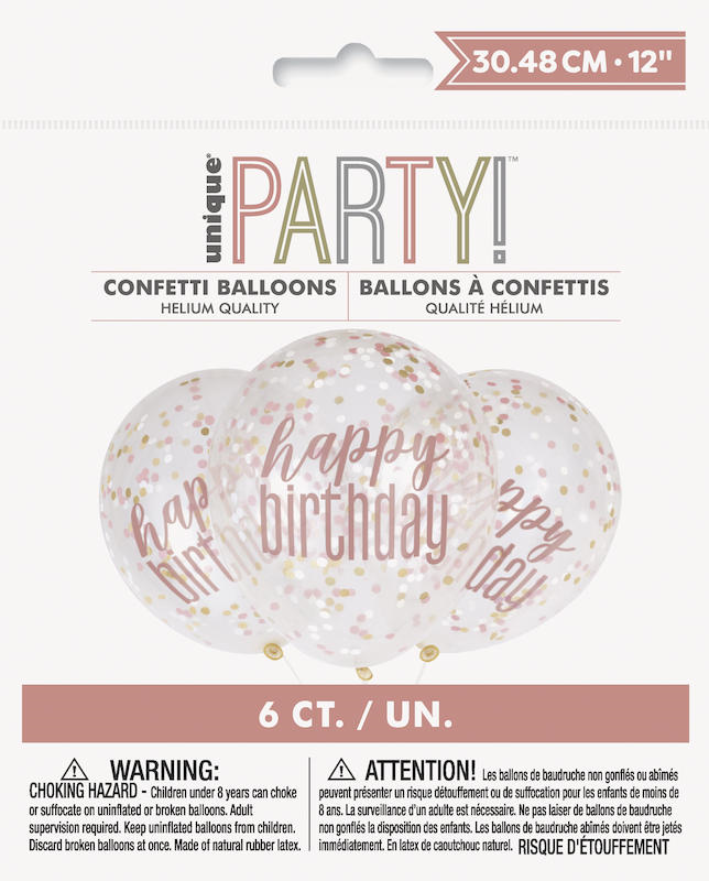 6 balloons Confetti  30 cm pink Happy Birthday with multi Confetti