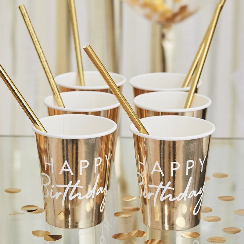 GOLD HAPPY BIRTHDAY PARTY CUPS, 8 Golden Becher