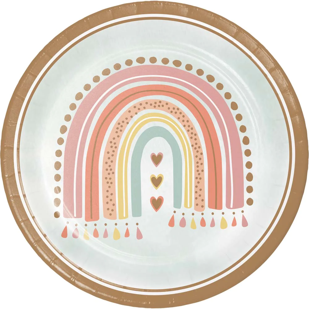 8 Boho Rainbow  plates, 23 cm, paper
