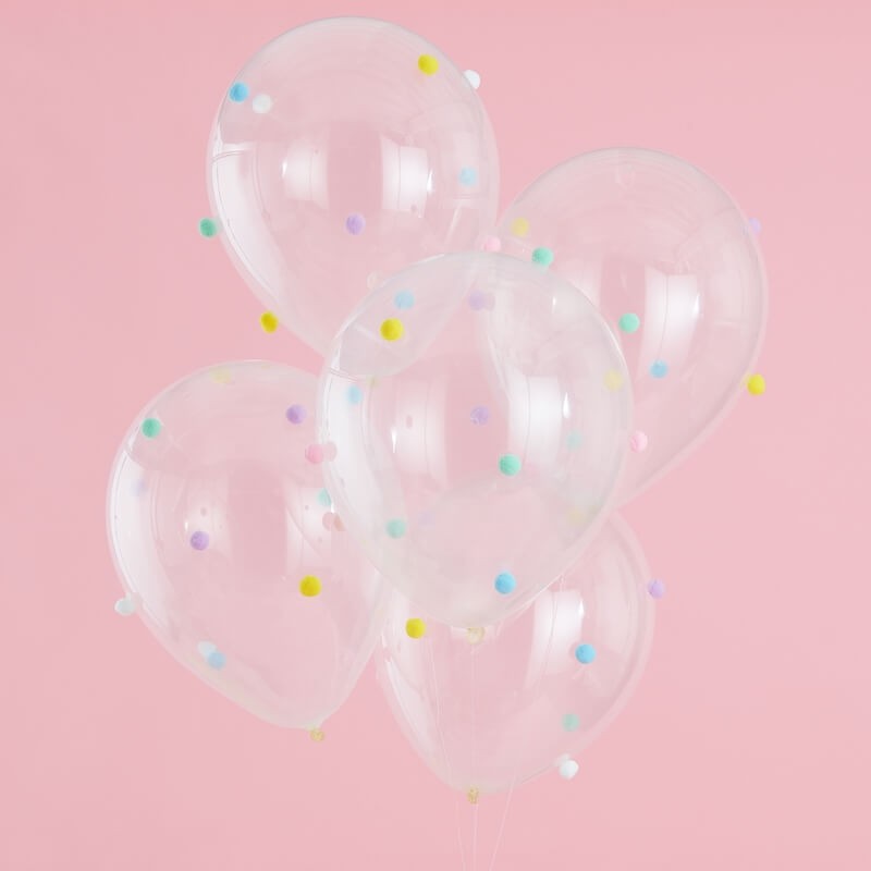 PASTELL POM POM BALLONS - PASTELPARTY - 5 Ballons 30 cm und 50 Pompons
