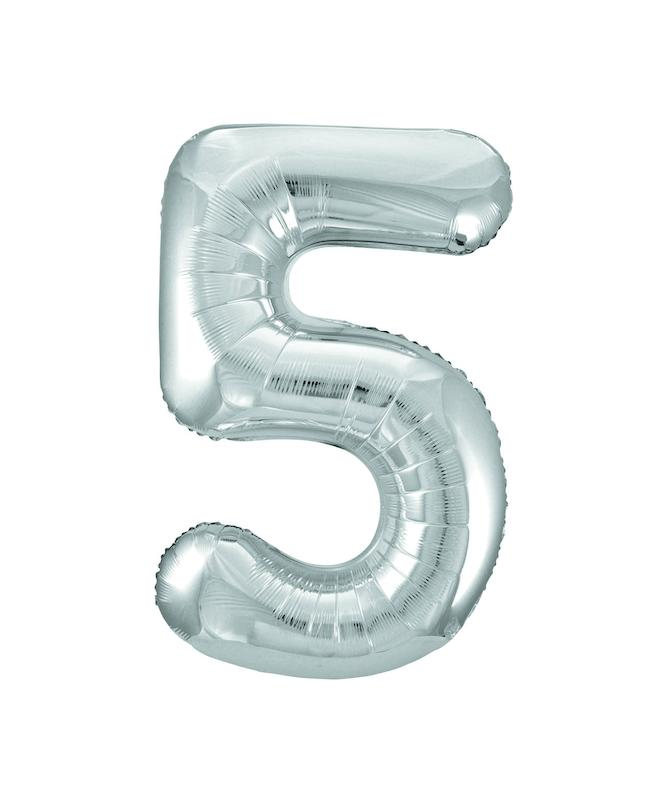 Foil Balloon, 86 cm, number 5 / SILVER