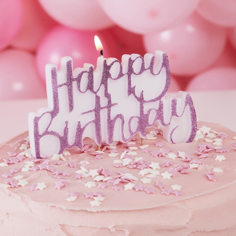 Kerze, Happy Birthday, 12 cm, rosa mit glitter