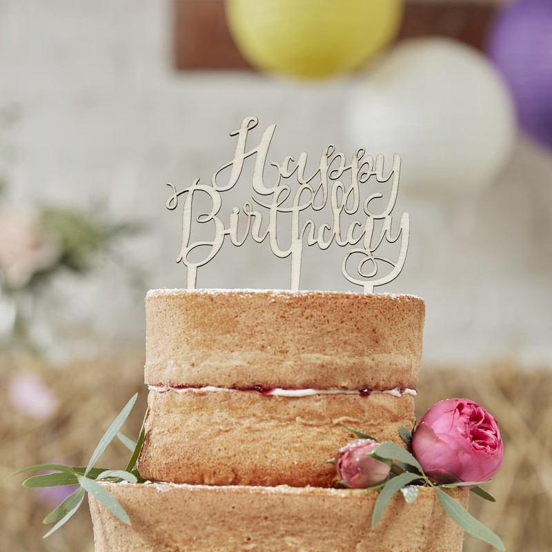WOODEN "Happy Birthday" CAKE TOPPER- 12,5 x 14 cm