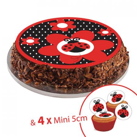 Disque en sucre Coccinelle, 20cm + 4 mini disque 5cm à Cupcake ou déco