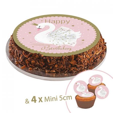 Disque en sucre Cigne, 20cm + 4 mini disque 5cm à Cupcake ou déco