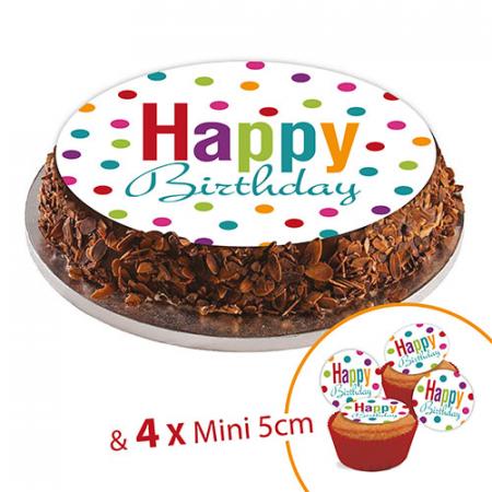Disque en sucre Happy Birthday DOTS, 20cm + 4 mini disque 5cm