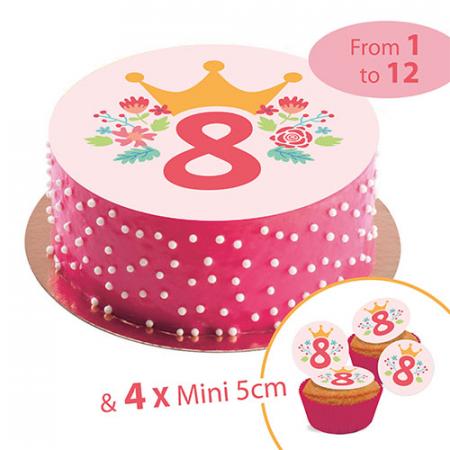 Disque en sucre Princesse, 20cm + 4 mini disque 5cm avec chiffre à choix