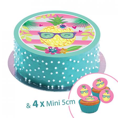 Disque en sucre Pinapple and Friends, 20cm + 4 mini disque 5cm à Cupcake ou déco