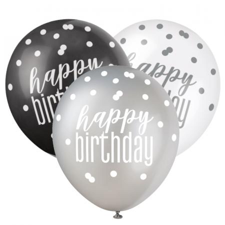 6 ballons en latex 30 cm, Happy Birthday Noir Mix