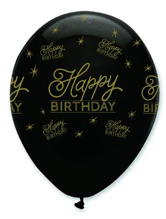 6 ballons 30 cm Happy Birthday noir et or